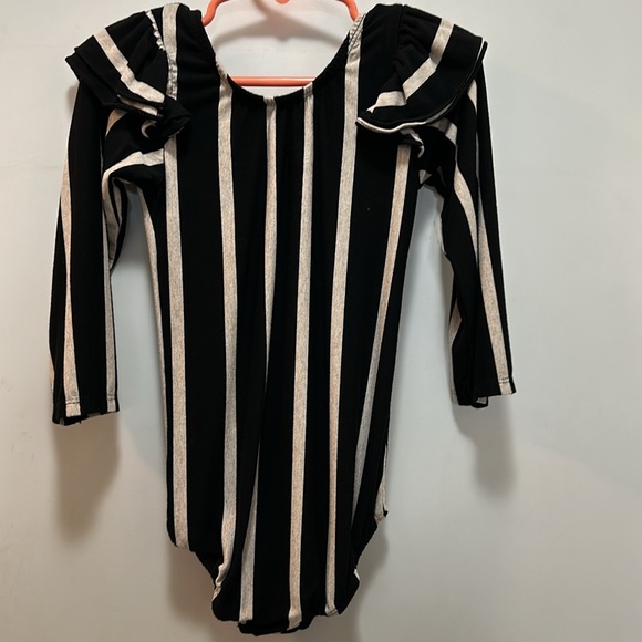Soft leotard/ one piece, black & cream striped w/ruffle shoulders & long sleeves - Picture 4 of 5